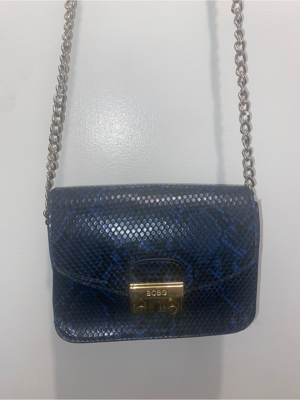BCBG Navy Blue Snake-Embossed Chain Crossbody with Gold Lock